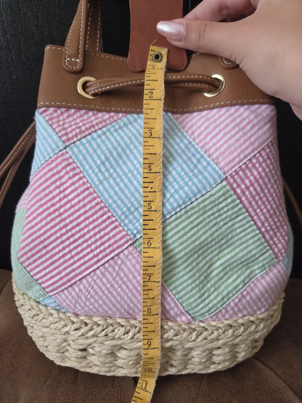 Talbots Pastel Madras Drawstring Bucket Bag with Tan Trim